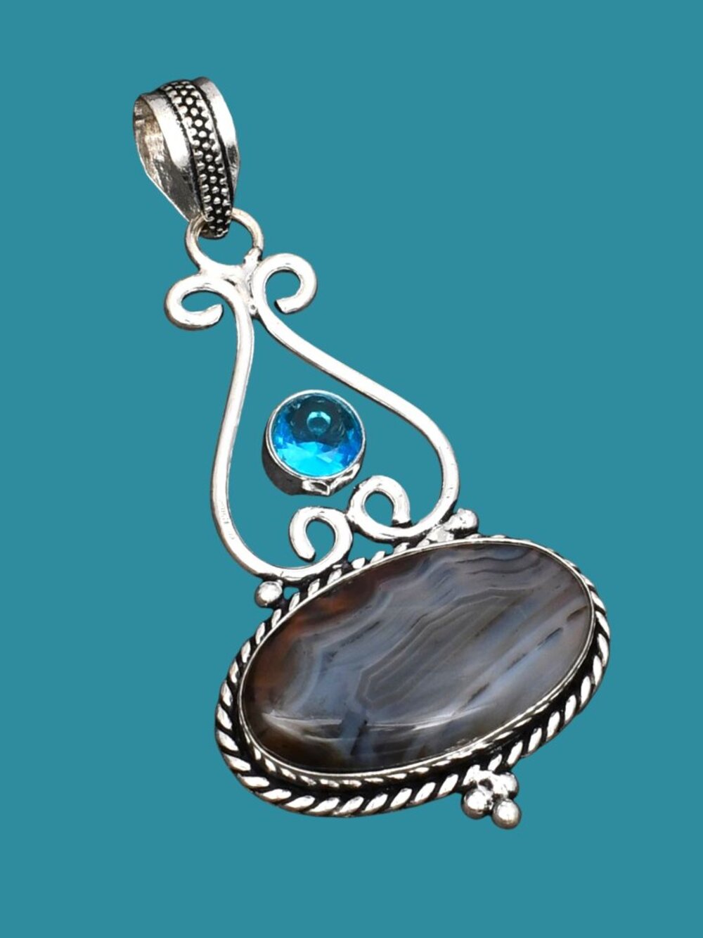 Montana Agate Blue Topaz Gemstone Ethnic Pendant 2.64"